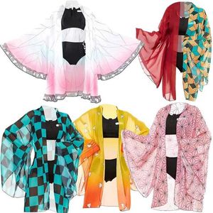 Demon Slayer Anime Haikyuu Agatsuma Tanjirou Kochou Shinobu Geplaatst Badpak Cloak Coat + Top + Shorts Halloween Cosplay Pak Y0903