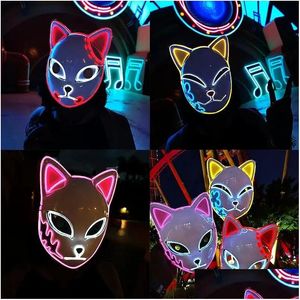 Demon Slayer Glowing El Wire Mask Kimetsu No Yaiba Personajes Cosplay Accesorios de disfraces Zorro japonés Halloween LED 916 Drop Delive Dh6Ez