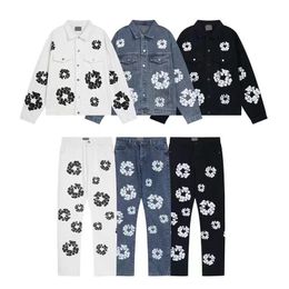 Deni Kapok White Garland Print High Street Denim Jacket Mend's and Women's Matching Jeans K Loose plus Sizem-XXL