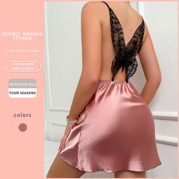 Denilyn Sexy Short Backless Fork Camisole -jurk, imitatie zijden dunne stijl jurk, dames zijden pyjama's, thuis pyjama's