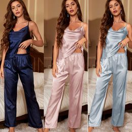Las mujeres de pijama de seda de hielo delgada de Denilyn se pueden usar como ropa exterior para ropa casual casual.Set de suspensión de pijama de moda y sexy femenino F51524