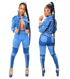 Denim 2 -delige set Distressed Patchwork Jacket Tassel Jeans Pant Suit tracksuit Tracksuit Mode Potloodbroek Matching Set Fitness Outfits1027675