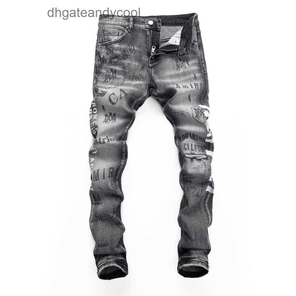 Denim amirres Jeans Pantalones de diseñador Hombre Amr tendencia nuevos jeans gris claro lavar estampado en caliente graffiti hacer viejos pantalones delgados pequeños de pierna recta tendencia juvenil S223