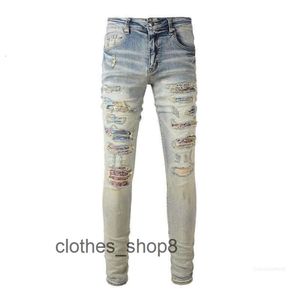 Denim Amirs Jeans Designer Pantalon Homme Automne 875 High Street Am Marque De Mode Noir Couleur Patch Élastique Cassé Slim Jambe Droite Hommes KM43