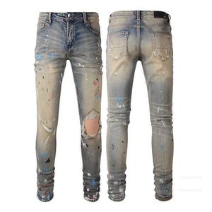 Denim Amirs jean pantalon de créateur homme automne en détresse coupe ajustée hommes Beige Leggings peinture rayé personnalité mode S8Q6