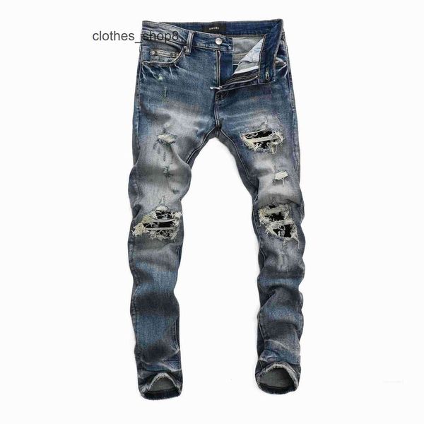 Denim Amirs Jeans Designer Pantalon Homme Automne 8316 High Street Fashion Brand New Blue Broken Mens Personnalité Patch Élastique Slim Fit Hommes GSZB