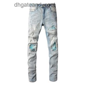 Denim Amiryes Jeans Designer Broek Man Modemerk lichtblauw waswater gemaakt oude gescheurde jeans heren helderblauwe patch jeugd elastische pasvorm in kleine voeten LLQS