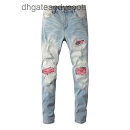 Denim Amiryes Jeans Pantalones de diseñador Hombre Marca de moda de calle alta color claro parche de agujero de lavado viejos pantalones vaqueros INS pantalones elásticos delgados para hombres A05G