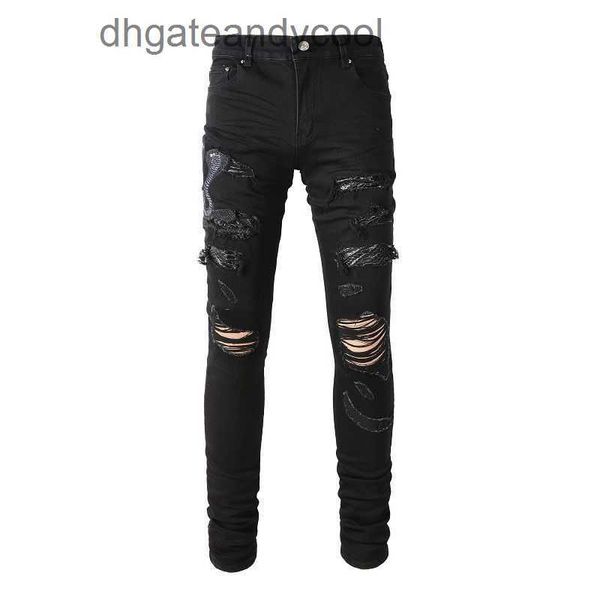 Denim Amiryes Jeans Pantalones de diseñador Hombre High Street Fashion Brand Jeans bordados negros con agujeros en los pantalones atractivos con volantes pantalones elásticos delgados para hombres YQNN