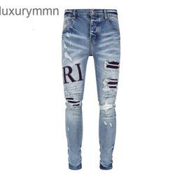 Denim Amiryes Jeans Pantalons de créateur Homme Jean High Street JB Lettre Broderie Autocollant Trou Cassé Patch Vieux Lavé 5SKO