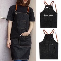 Denim schort band bib schort barista barman bbq chef uniform werkkleding lb252c1502788