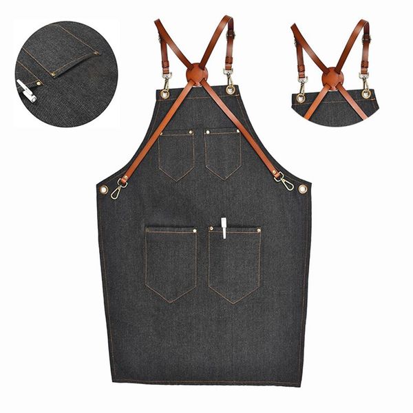 Tablier à bretelles en Denim avec sangle en cuir, uniforme de travail pour Barista Baker, barman Bbq Chef Cook252o