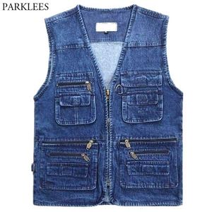 Denim Blue Outdoor Cargo Vest Vest Mannen Merk Casual Multi Pocket Rits Mens Jean Vesten voor Vissen Pography 210522