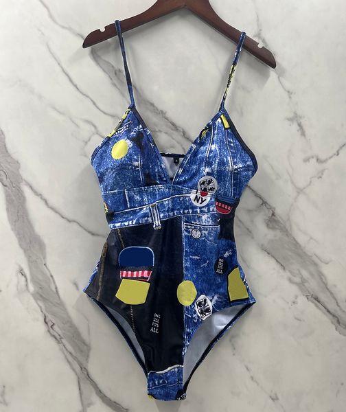 Denim Bleu Imprimé Maillots De Bain Filles Designer One Piece Maillots De Bain Mode Monokini Sexy Bikini Ensemble Femmes Beachwear Sangle Push Up Maillots De Bain Biquinis Expédition Rapide