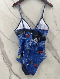 Denim Bleu Maillot De Bain Imprimé Designer One Piece Maillots De Bain Mode Monokini Sexy Bikini Ensemble Femmes Beachwear Sangle Push Up Maillots De Bain Marque Biquinis Expédition Rapide