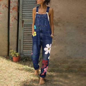 Denim Blue Women Saut trottoir les cordes de combinaison ceinturées Imprimer Pocket Lady Global Fashion Female Pantalon