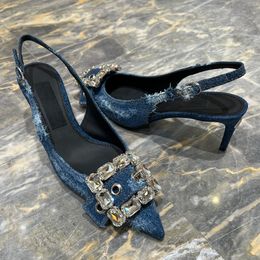 Denim Bule Sandalen Ontwerper damesschoenen Platform hakken Gesloten teen Strass gesp Versieringen Spitse rugband 65 mm Kitten Heel Sandalen 35-42