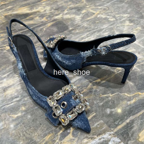 Denim Bule Sandales Designer Femmes Robe Chaussures Plateforme Talons Bout Fermé Strass Boucle Embellissements Sangle Arrière Pointue 65mm Chaton Talon 35-40