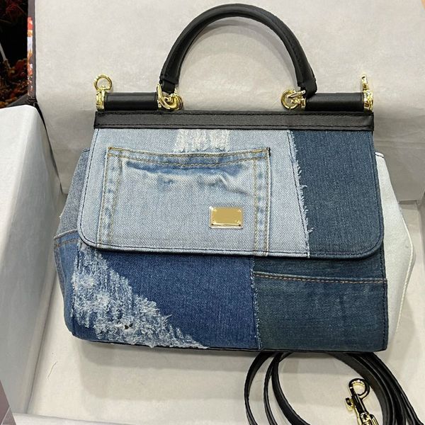 Denim Toile Fourre-Tout Sac Femmes Sac À Main Portable Cross Body Denim Sac En Cuir De Vachette Poignée Matériel Lettre Accessoires Top Qualité Lady Embrayage