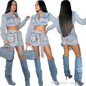 Denim Cargo Tweedelige Jurk Set Dames Streetwear Sexy Trainingspak Lange Mouw Cropped Jassen Top En Zakken Riem Minirok Set 2 Stuks Pakken