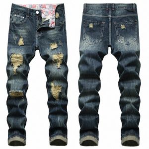 Pantalones rasgados casuales de mezclilla Fi Lg para hombre Talla grande 28-42 Jeans Agujero arruinado Cott s azul oscuro Dropship 67lo #