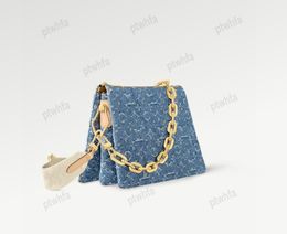 Denim Coussin PM Sac à main en relief Puffy Sac à bandoulière avec grosse chaîne en métal Sangle large Sac à bandoulière pour femme Designer Sacs à chaîne rembourrés Baguette