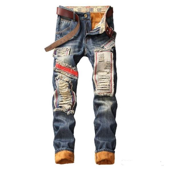 Denim designer buraco jeans calças rasgadas para homens tamanho 28-38 40 outono inverno mais veludo hip hop punk streetwear calças231g