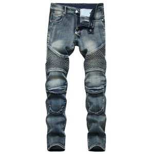 Denim Designer Moto Bike Straight Motorcycle Jeans pour hommes Taille 42 Automne Printemps Punk Rock Streetwear Riding Knee Guard Pantalon 210723