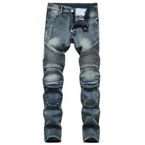 Denim ontwerper Moto Bike rechte motorfiets jeans voor mannen maat 42 Autumn Spring Punk Rock Streetwear Riding Knie Guard Pants 220720