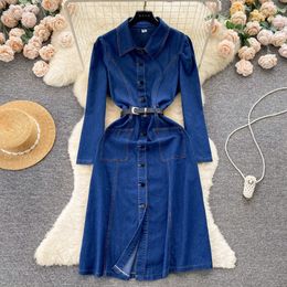 Vestido vaquero de otoño nuevo estilo coreano ligero maduro moda Retro cuello Polo cintura de un solo pecho vestido largo ajustado