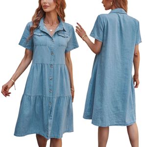 Denimjurk voor vrouwen babydoll gelaagde korte mouw knoop naar beneden jean shirt jurken