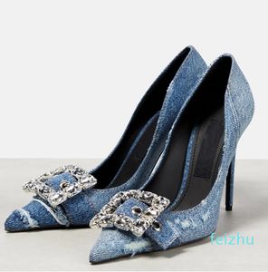 Denim kleding schoenen ontwerper dames luxe pompen gerichte strass decoratie stiletto hiel sandalen retro gemaakt old wash denim hoge hakken jurk schoen 35-42