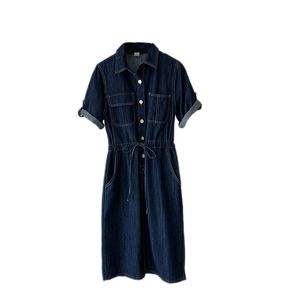 Denim jurk zomer nieuwe polokraag trekkoord cinched afslankende korte mouwen donkerblauwe midi-jurk