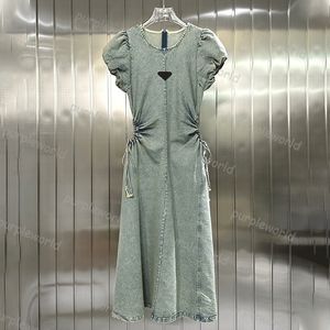 Robe en jean femmes été Vintage Style bulle manches taille mince conception creuse une ligne jupe taille haute robe mince