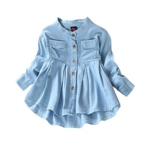 Blusas de mezclilla para niña, ropa de otoño para niñas, camisas vaqueras, pantalones vaqueros sólidos para niños, manga larga, cuello mandarín, moda completa 220125