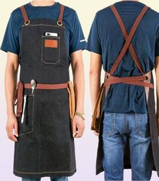 Denim kapsel schort voor mannen verstelbare salon kappergereedschap bbq bib werkende uniform Koreaanse mode zwarte schorten4024366