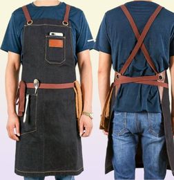 Denim kapsel schort voor mannen verstelbare salon kappergereedschap BBQ BIB werkende uniform Koreaanse mode zwarte schorten4242538