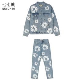 Denim veste et jean ensemble hommes fleur Graffiti haute rue automne rue manteau ample pantalon droit décontracté Vintage lavé costume 231229