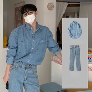 Denimjack en jeans set mannen high street herfst straat losse jas rechte broek casual vintage gewassen 2 delige pakken x156 240429