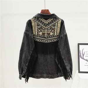 Denim Jacket Korean Floral Borduurwerk Suède Fringe Losse Chaquetas Mujer Jas Lange Mouw Bovenkleding Vrouwen Veste Femme 211029