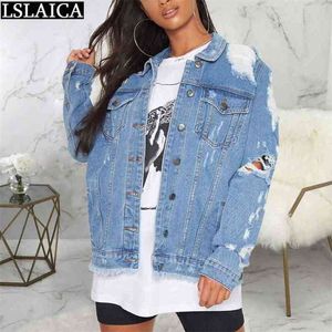 Chaqueta de mezclilla Manga larga Venta de moda Casual Jeans Mujeres Agujero Bolsillo Botón Elegante Chaqueta Mezclilla Mujer 210515