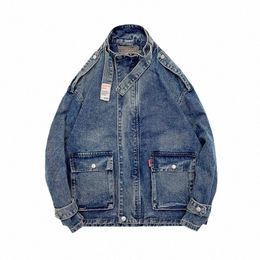 Veste en jean pour hommes, col montant, poches multiples, manteau en denim cargo, ample, streetwear, vestes en jean pour hommes j0q2 #