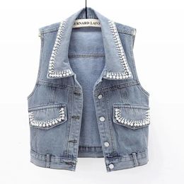 Denim jasje vest dames lente zomer slanke parels kralen mouwloze jas