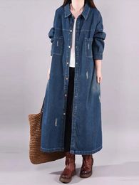 Jaqueta jeans feminina 2023 outono solto lapela sólida único breasted manga longa trench coat para roupas jean 240102