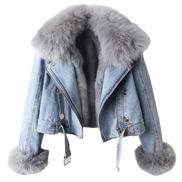 Denim Veste Femmes Faux Fox Col De Fourrure Jeans Manteau 2023 Nouveau Manteau D'hiver Femme Court Épais Chaud Parkas Lapin Doublure De Cheveux Outwear L7hi #