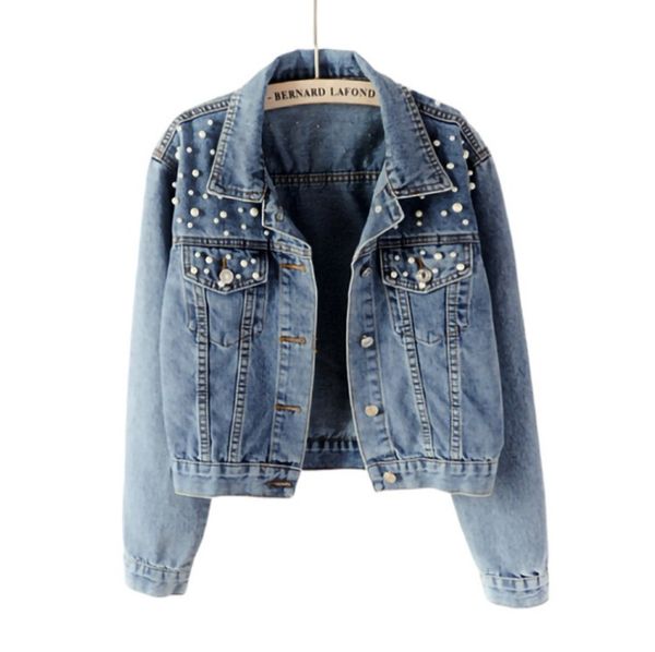 Veste en jean femme automne Jean vestes perle manteau décontracté à manches longues vêtements d'extérieur