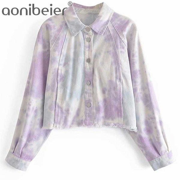 Vestes en denim Printemps Tie Dye Imprimer Manches longues Femmes Tops amples Femme Casual Vêtements d'extérieur Ourlet brut Veste courte Manteaux 210604