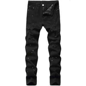 Jeans denim Design Fashion Laquer Pantals décontractés Pantals Stretch RELALING Black Long Mens Four Saison plus taille 240403