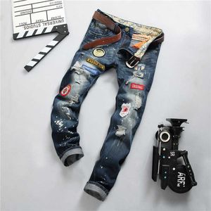 Denim jeans man splash inkt oude mode broek heren gescheurde jeans badge rechte Europese stijl x0621