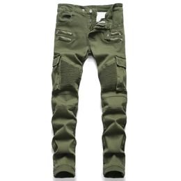 Jeans Denim Men Pantalones de cabalgación del ejército Jeans de motos verdes Diseño recto Pantalones de talla grande Pantalones casuales 240415